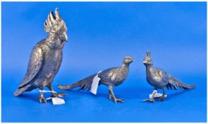 Two Pairs Of Model Pheasants In Silvered Metal In Standing Positions. 9`` in height with a metal
