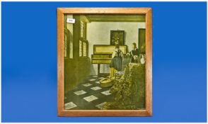 Oak Framed Coloured Print After Jan Vermeer, the music room in the Queens collection at Buckingham