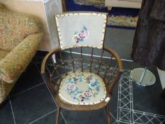 Edwardian Bedroom/Parlour Armchair with spindle back & legs, embroided seat & back. Circa 1900.