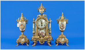 French Decorative 20th Century Gilt Brass & Porcelain 3 Piece Garniture Clock Set with striking 8