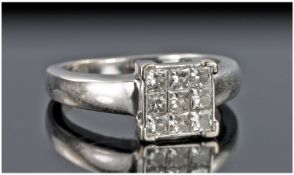 18ct White Gold Diamond Cluster Ring, Set With Nine Princess Cut Diamonds, Fully Hallmarked,