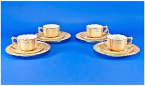 Four Royal Worcester Blush Ivory Tea Cups, Saucers & Side Plates, Moulded Gilt Decoration, Dated