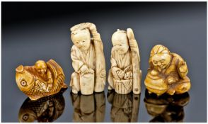Four Japanese 19th Century Ivory `Netsuke`, all unsigned. A man riding a fish, a street vendor