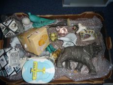 Box of Various Animal Figures, including a miniature Royal Doulton character jug, AF.