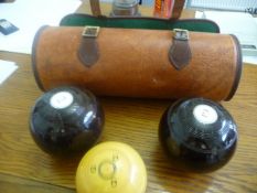 Pair Of Crown Green Bowls And Jack, With Brown Leather Mitre Bag.