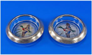 Frank M. Whiting Vintage Pair Of Silver Rimmed Glass Pin Dishes. The centre panel showing flying