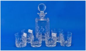 Stuart Cut Glasses Square Decanter with Stopper, together with six matching tumblers, (7)
