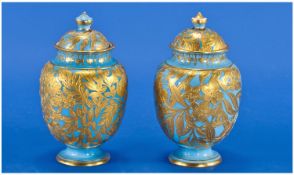 Royal Crown Derby Pair Of Lidded Persian Style Vases, with turquoise colourway with raised gilding