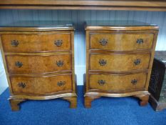 Pair of Georgian Style Walnut Veneered Bedside Chests, glass tops, each containing three drawers,