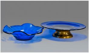 Bristol Blue Colour Low Comport and Wavy Edged Dish, the comport being a shallow, saucer shaped