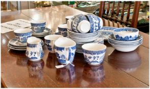 Blue and White Old Willow Tea Set, comprising cups, saucers, side plates, cake plate, milk jug,