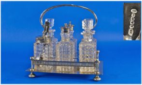 Edwardian Good Quality Silver Plated & Glass 6 Piece Cruet Set. with elegant designed gallery