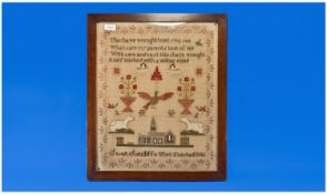An Early Victorian Sampler By Sarah Sutcliffe, work finished 1846. Depicting a church with sheep