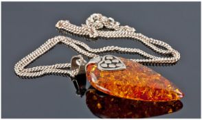 Silver Mounted Amber Pendant And Chain, Complete In Fitted Box.