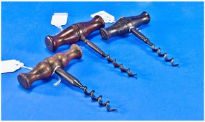 Three 19th Early 20thC Corkscrews, Turned Wooden Handles.