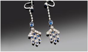 Art Deco Platinum Set Pair Of Diamond & Sapphire Drop Earrings Of Fine Quality. Very good clean