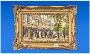 J.L Chapman 1946 Lytham Street Scene In The 19th Century. Signed on wood panel, framed. 9 inches by