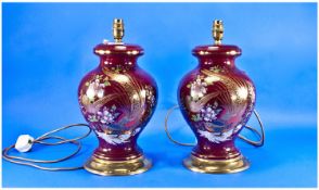 Pair of Oriental Lamps, of inverted baluster form, complete with shades.