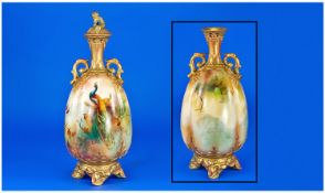 Royal Worcester Very Fine Hand Painted Two Handled Vase, with image of a peacock and peahen in