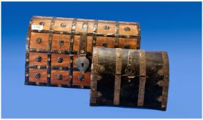 Set Of 3 Graduated Domed Top Teak Metal Bound Hinged Boxes.