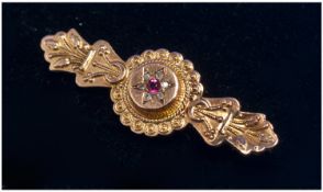 9ct Gold Pressed Bar Brooch, Set With a Small Central Ruby And Seed Pearls, Length 40mm