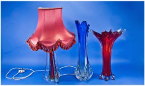 Two Large Murano Glass Vases one with star shaped top, with tapestry body in ruby red colour. 16``.