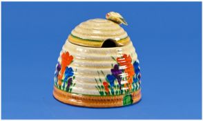 Clarice Cliff Handpainted Beehive Honey Preserve Pot With Cover, `Crocus` pattern. Circa 1929. 3.