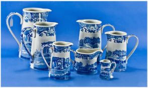 Collection of Seven Spode `Italian` Blue and White Jugs, comprising 6 graduated examples of the