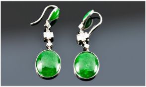 Very Fine Pair Of Antique Jade & Diamond Drop Earrings Set in 18ct white gold. The pear & oval