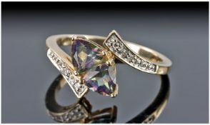 9ct Gold Diamond Dress Ring, Set With A Central Mystic Topaz, Fully Hallmarked, Ring Size N.