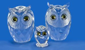 Swarovski Fine Cut Crystal Pair Of Large Owl Figures Plus A Mini Owl Figure, Designer Max Schreck,