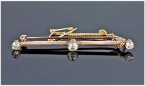 Edwardian 15ct Gold Set 3 Stone Diamond Brooch with long safety chain. The three cushion cut