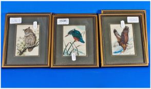 Collection of Six Silk Jacquard Pictures, depicting various birds in a garden setting, titled to