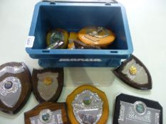 Box of Assorted Award Plaques, with fishing related items.