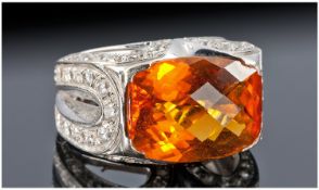 18ct Gold Dress Ring, Set With A Large Central Topaz Coloured Stone, Surrounded By White Stones,