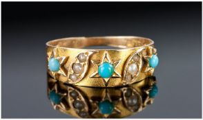Victorian 15ct Gold Set Turquoise And Pearl Ladies Dress Ring. Fully hallmarked Birmingham 1878.