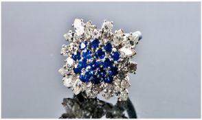 Asprey 18ct White Gold Set Diamond & Sapphire Cluster Ring. Flowerhead Setting. Set with brilliant