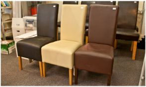 Three Similar Contemporary Leather Upholstered Dining Chairs, one upholstered in dark brown,