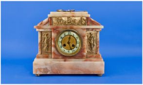 French 19th Century Marble Mantle Clock with applied and raised bronze classical figures to front