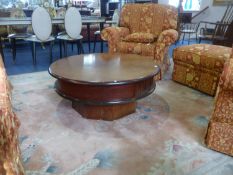 Walnut Veneered Art Deco Coffee Table, of circular form, with two tambour compartments to frieze,