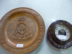 Early 20th Century Barometer, together with an ash plaque carved `Royal Corps Army Ordnance`, with