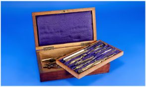 A Victorian Draughtsman`s Drawing Set with original box and key. Complete with extras.