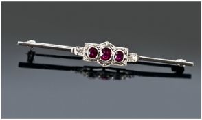 Art Deco 18ct White Gold & Platinum Set Ruby & Diamond Brooch, Of Fine Quality. 2.25`` in width.