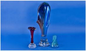 Murano Coloured Glass Vase, In Blues, Reds And Greens, Paper Label, Height 13½ Inches. + Two Other