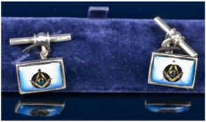 Gents Silver Cufflinks, The Rectangular Fronts Showing Masonic Emblems, Chain Fittings. Stamped