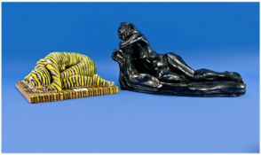 Two Plaster Figures By John E Buttery, Of A Reclining Nude On A Couch 14x8`` plus a green nude