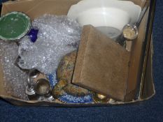 Box of Misc, including chintz teapot, paper craft butterfly picture, framed, silver plated posy