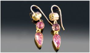 9ct Gold Drop Earrings, Each Set With Two Topaz And A Single Peridot Coloured Stone, Marked 375,