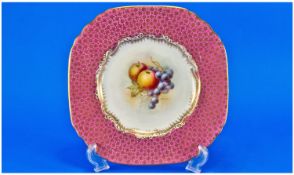 Cauldon China Hand Painted Dessert Plate, the centre with fruit still life, surrounded by a red and