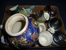 Box Containing Miniature Toby Jugs, Satsuma vase, Royal Worcester pots, figure group, bird figure